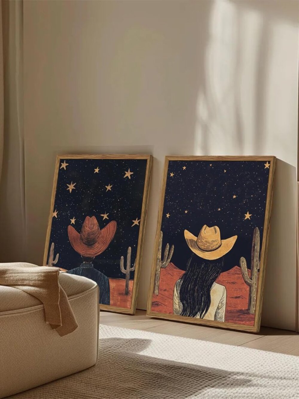 Framed Boho Western Cowboy and Cowgirl Wall Art Set of 2, Vintage Southwestern D - Picture 3 of 9